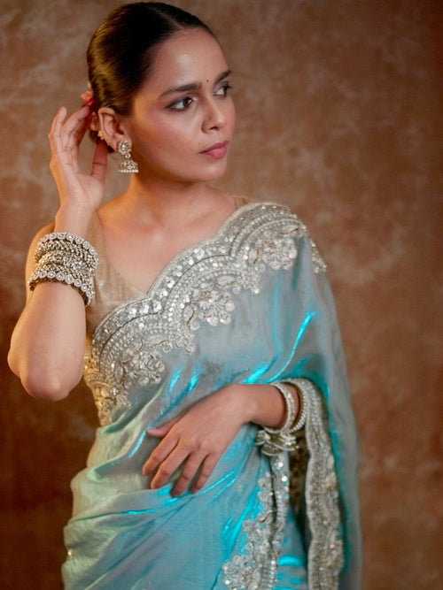 Aqua Sheer Embroidered Saree