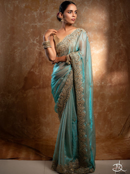 Aqua Sheer Embroidered Saree